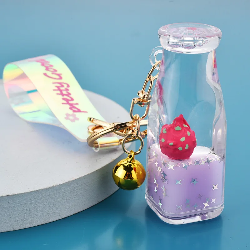 Cartoon Summer Dragon Fruit Acid Milk Bottle Portachiavi Pvc Rope Pendant Cute Quicksand Floating Fruit Cherry Liquid Bag Portachiavi