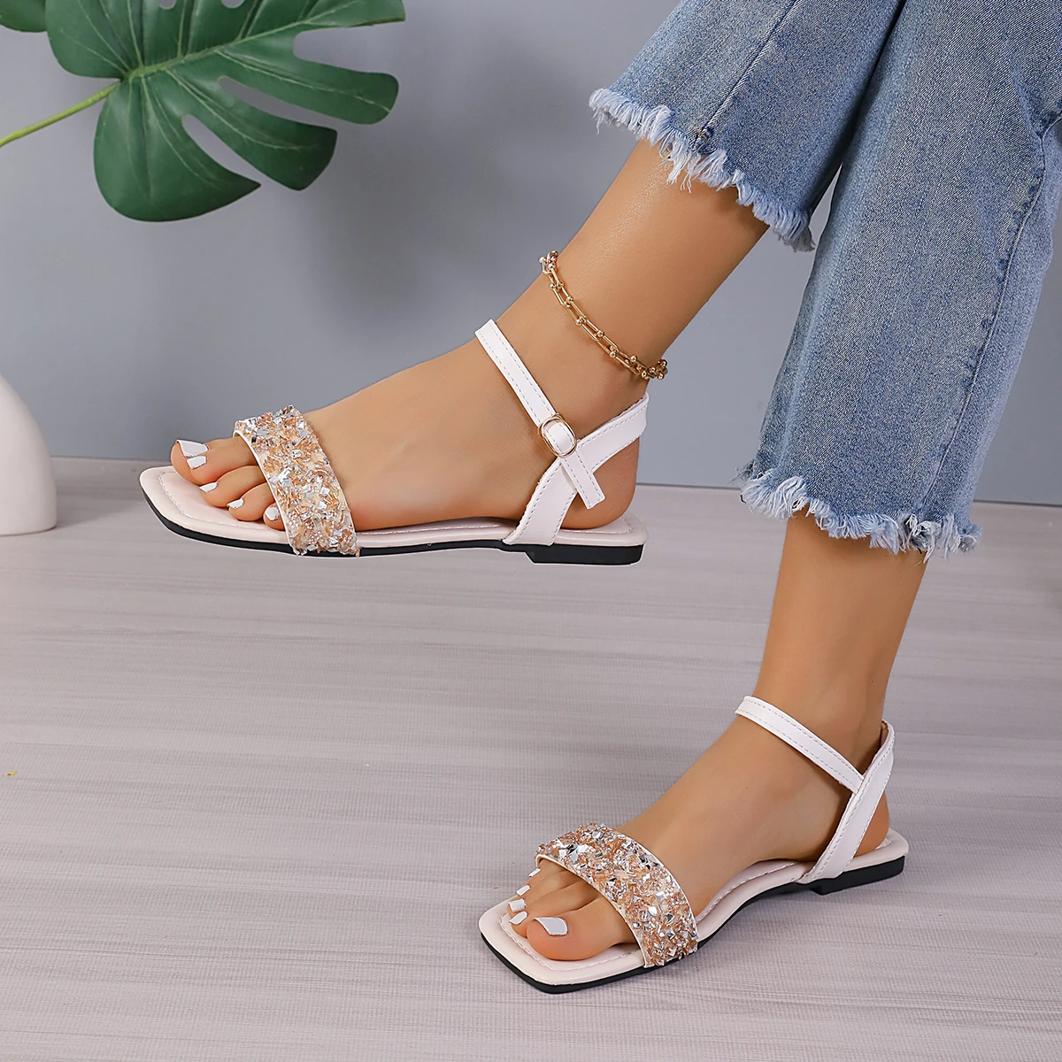 

Women's Solid Color Glitter Sandals, Ankle Buckle Strap Lightweight Flat Seaside Shoes, Sequins Decor Beach Shoes