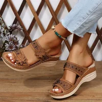 2024 Summer Women Slippers Plus Size Women's Shoes Retro Roman Sandals Women Pu Casual Flower Wedge Sandals Platform Slippers - Image 3