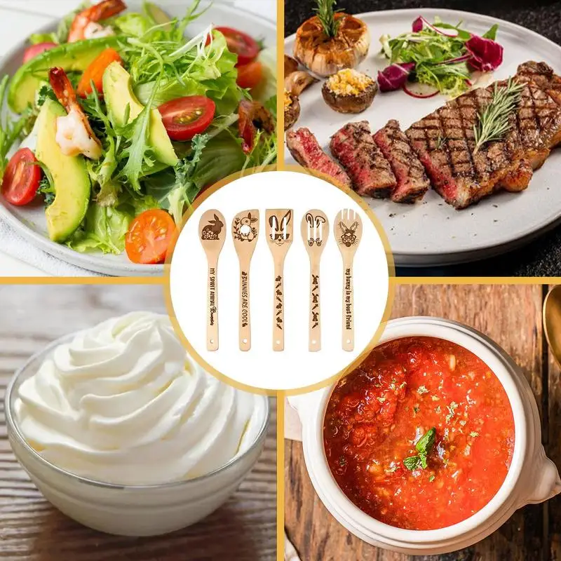 5 Piece Wooden Spoon Cooking Utensil Set Easter Cooking Spatula Funny Handmade Home Tableware Dinnerware Cutlery For Kitchen