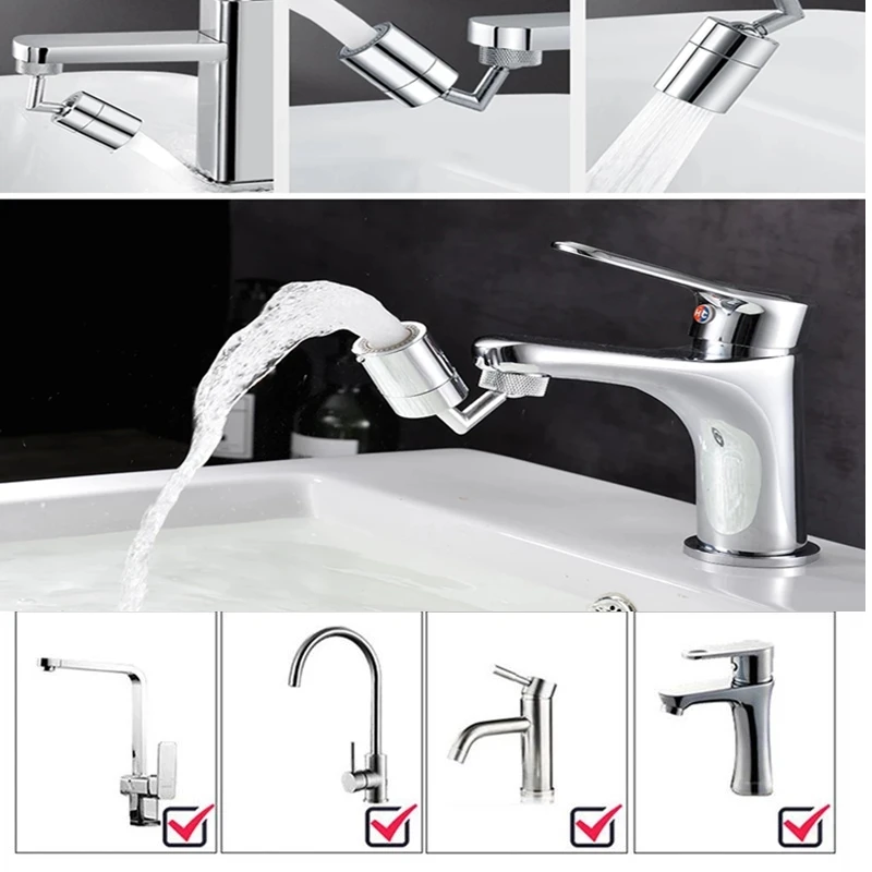 Silver 720 Degree Universal Tap Aerator Swivel Water Saving Plastic Faucet Spray Head Wash Basin Tap Extender Adapter