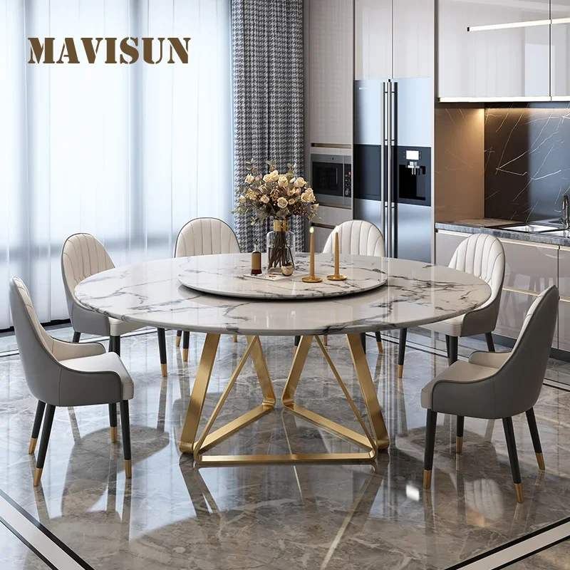 

Gorgeous Golden Dining Table With Turntable Leisure Round Marble Kitchen Table And Chair For Villa High-End Italian Furniture