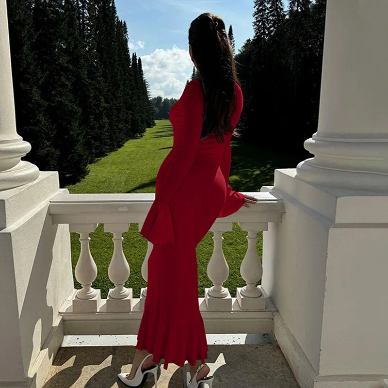 Vestido largo de otoño con volantes para mujer, elegante vestido de fiesta de retazos con cintura alta y manga larga para desplazamientos diarios, ropa femenina