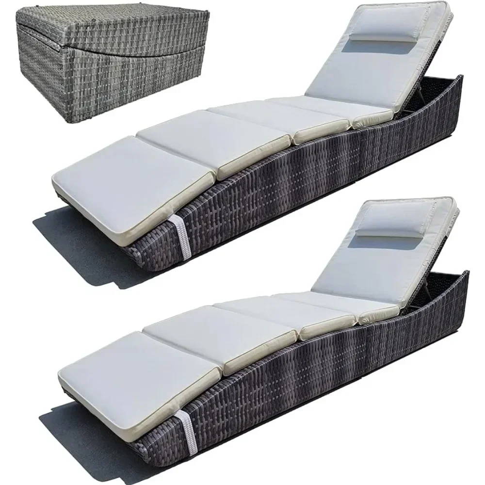 Foldable Outdoor Chaise Pool Lounge Chair Folding Wicker Rattan Sun Bed Patio Couch Reclining Lounger Adjustable Padded Backrest