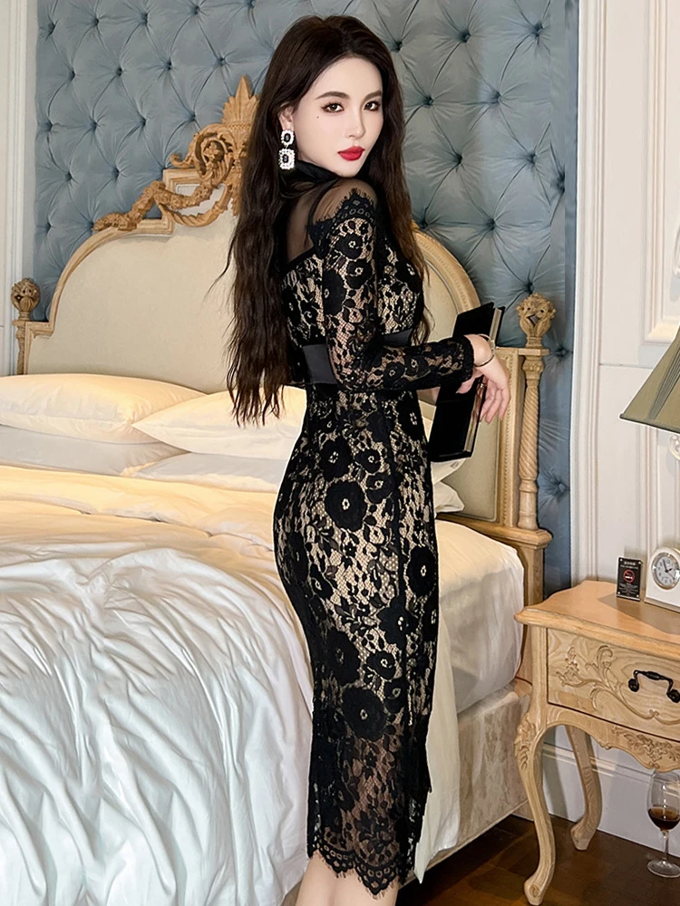 Formal Dresses Black Fitted Dress Outfit Fashion Ladies Black Lace Evening Dresses  Women Clothing Elegant