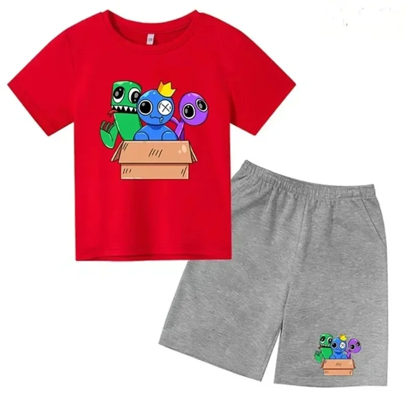 Summer Rainbow Friend Printed Short Sleeved Children T-shirt + Shorts 2pcs Set 3-12 Years Boy Girl Clothing Kid  Fashion Suit 4