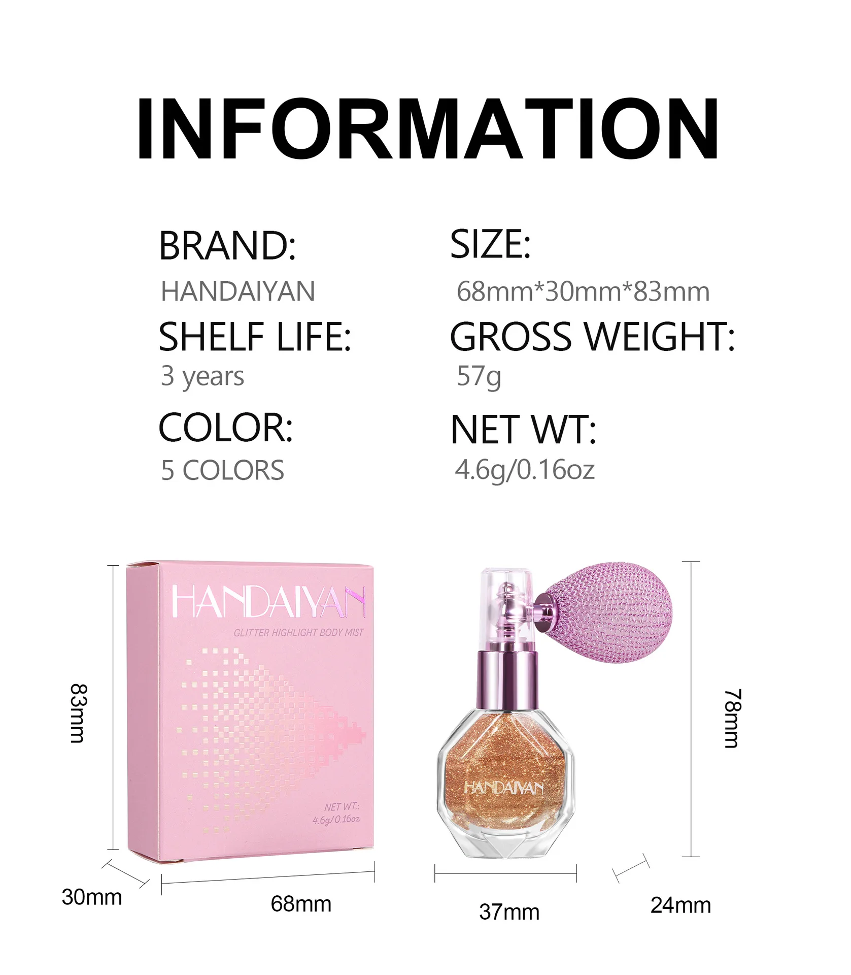 Description Picture 2 of item5 Color Body Highlight Powder Spray Brightening Sparkling Glitter Clothes Face Hair Makeup Highlighter Spray