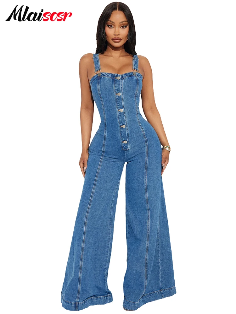 Monos vaqueros de Mlaiscsr para mujer, ropa de calle, pantalones anchos con botones y sin mangas, monos de mezclilla de una pieza, nuevos