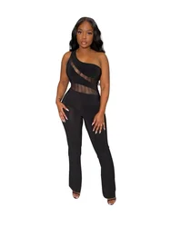 JRRY Sexy Women Jumpsuits One Shoulder Hollow Out Full Length Bodysuit