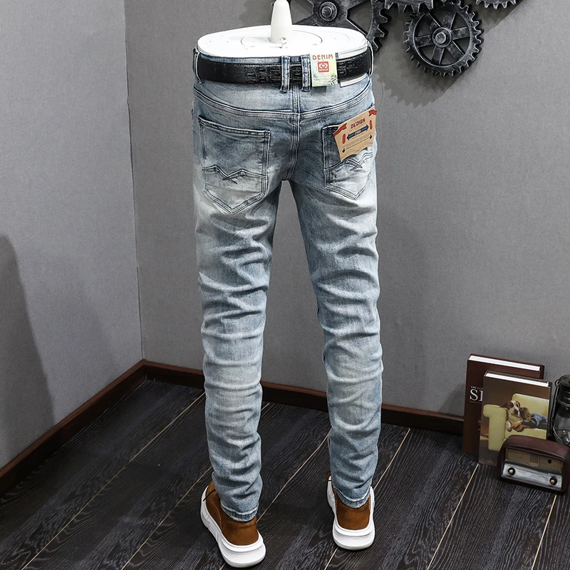Italian retro new fashion designer embroidery men's jeans retro blue elastic Slim small straight men's pants casual jeans Hombre