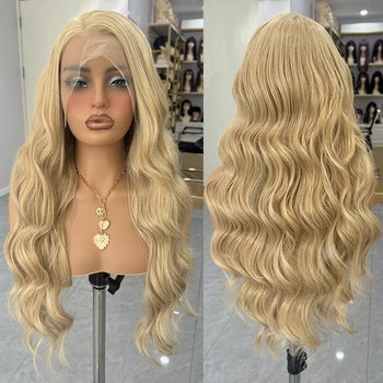 # 26/613 Parrucca bionda mista Parrucca sintetica in pizzo Parrucca lunga onda profonda 13X4 Parrucche anteriori in pizzo per le donne Pronto da indossare Mix Capelli Cosplay Party
