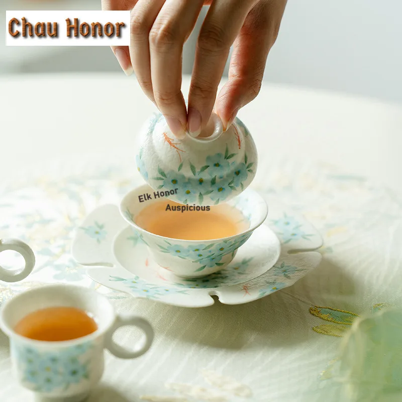 55ml Pure Hand-painted Blue Star Flower Gourd Gaiwan Retro Tea Tureen Tea Bowl With Lid Kit Tea Making Cover Bowl Tea Ceremony