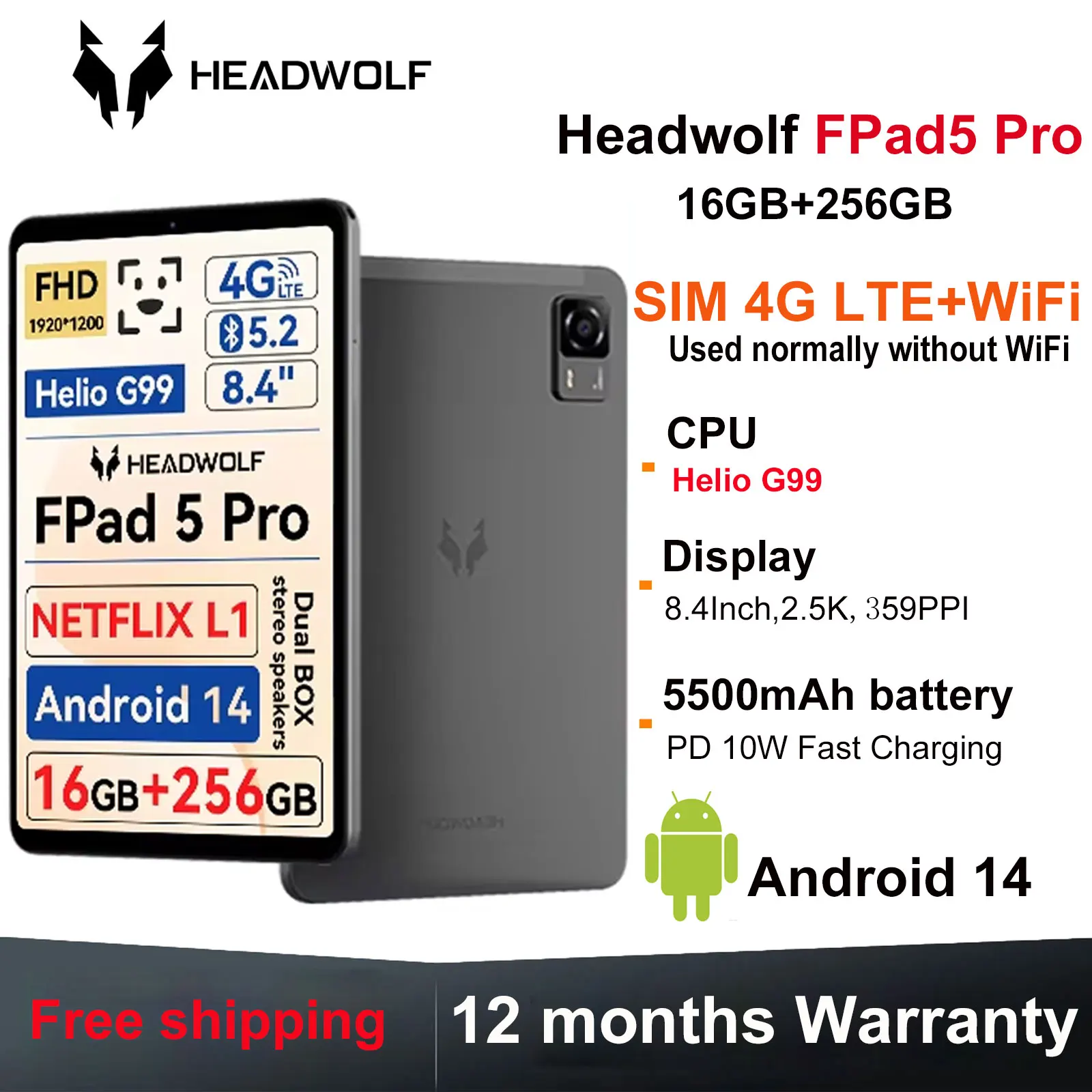 Headwolf-Tablet PC FPad5 Pro,android 14,8.4インチ,最大16 RAM,256GB