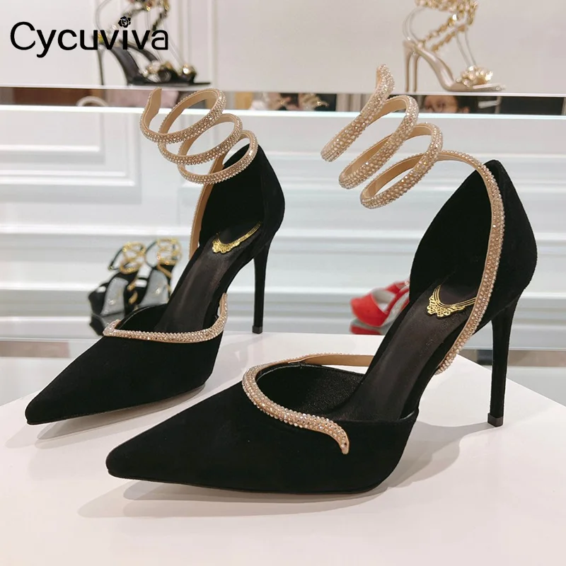 

New Women Snake Shape Circle High Heel Party Shoes Sexy Satin Point Toe Stilettos Crystal Narrow Band Gladiator Sandals