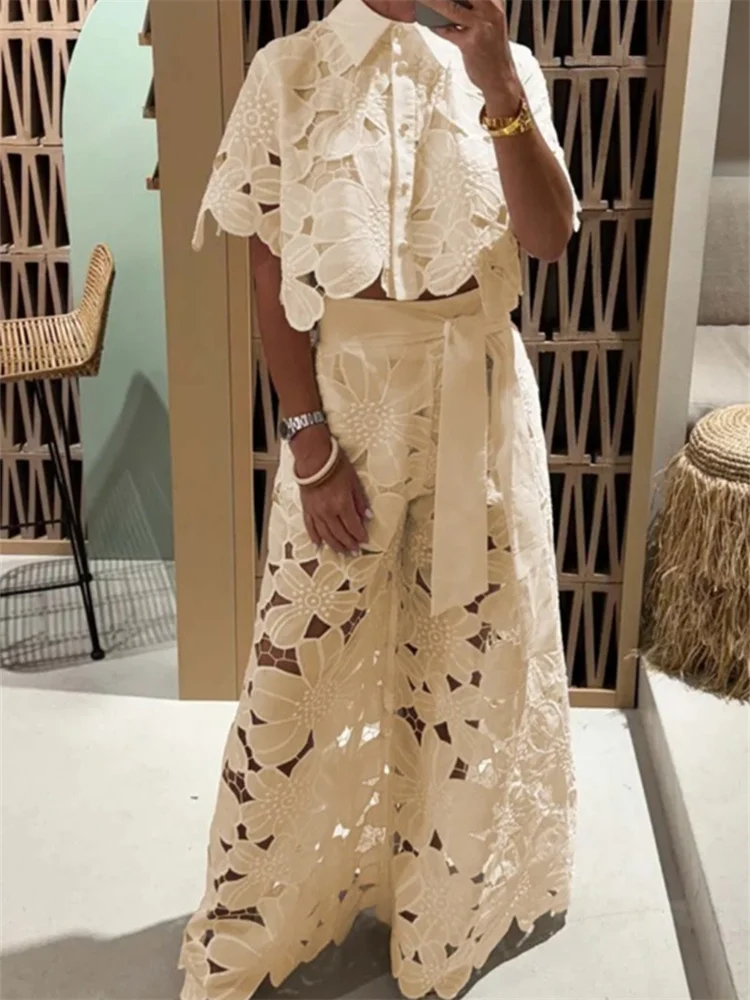 Wmstar Two Piece Set Women Hollow Out  Wide Leg Pants Sets Matching Casual Lace Suit Suits Wholesale Dropshipping New Style