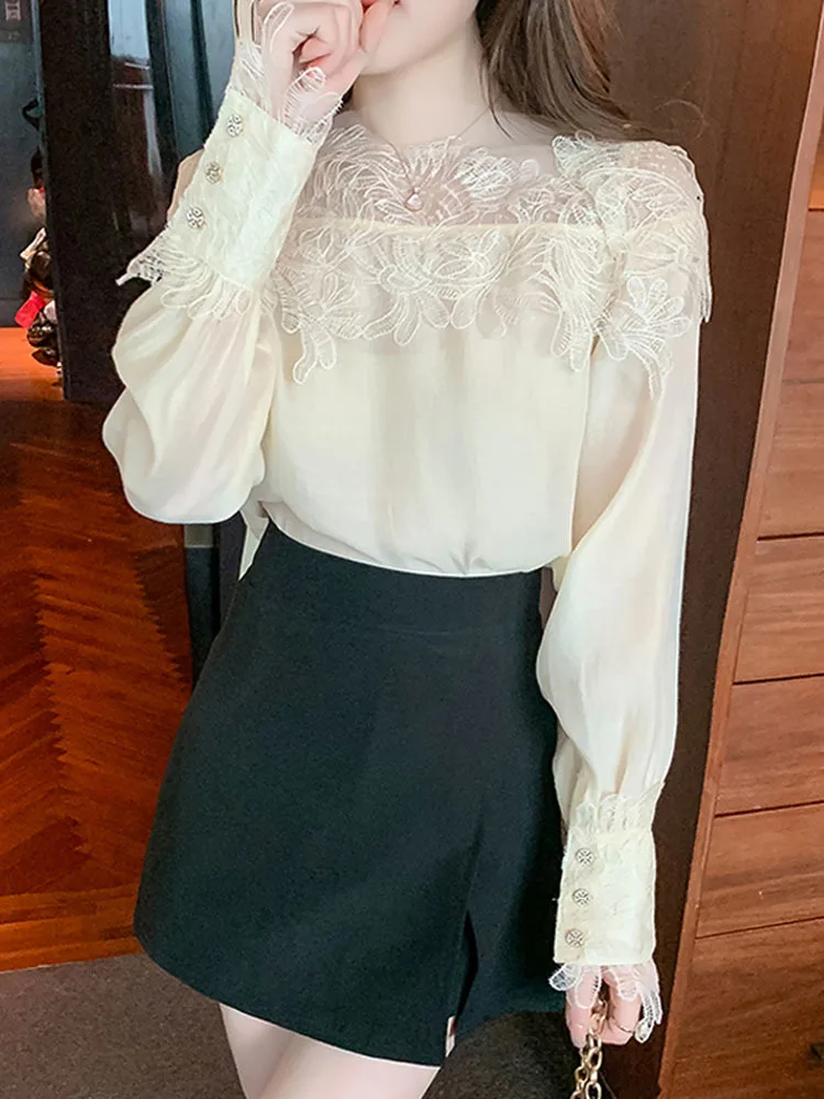 French Vintage Floral Blouses Women Long Sleeve O-Neck Shirts Lace Shirts Famale Sexy Lace Elegant Tops Ladies 2023