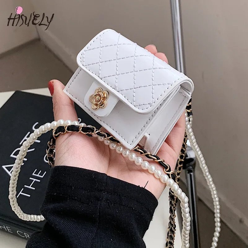 Luxury Mini Leather Bag Women Hanging Neck Camellia Bags Rhombus Earphone Lipstick Keys bag Pearls Chain Chest Waist Pack women tote bag,women shoulder bag,crossbody bag