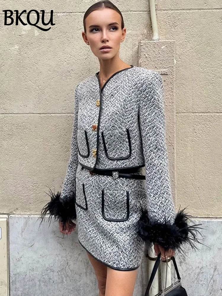 BKQU Tweed Jacket Mini Skirts Two Piece Set For Women