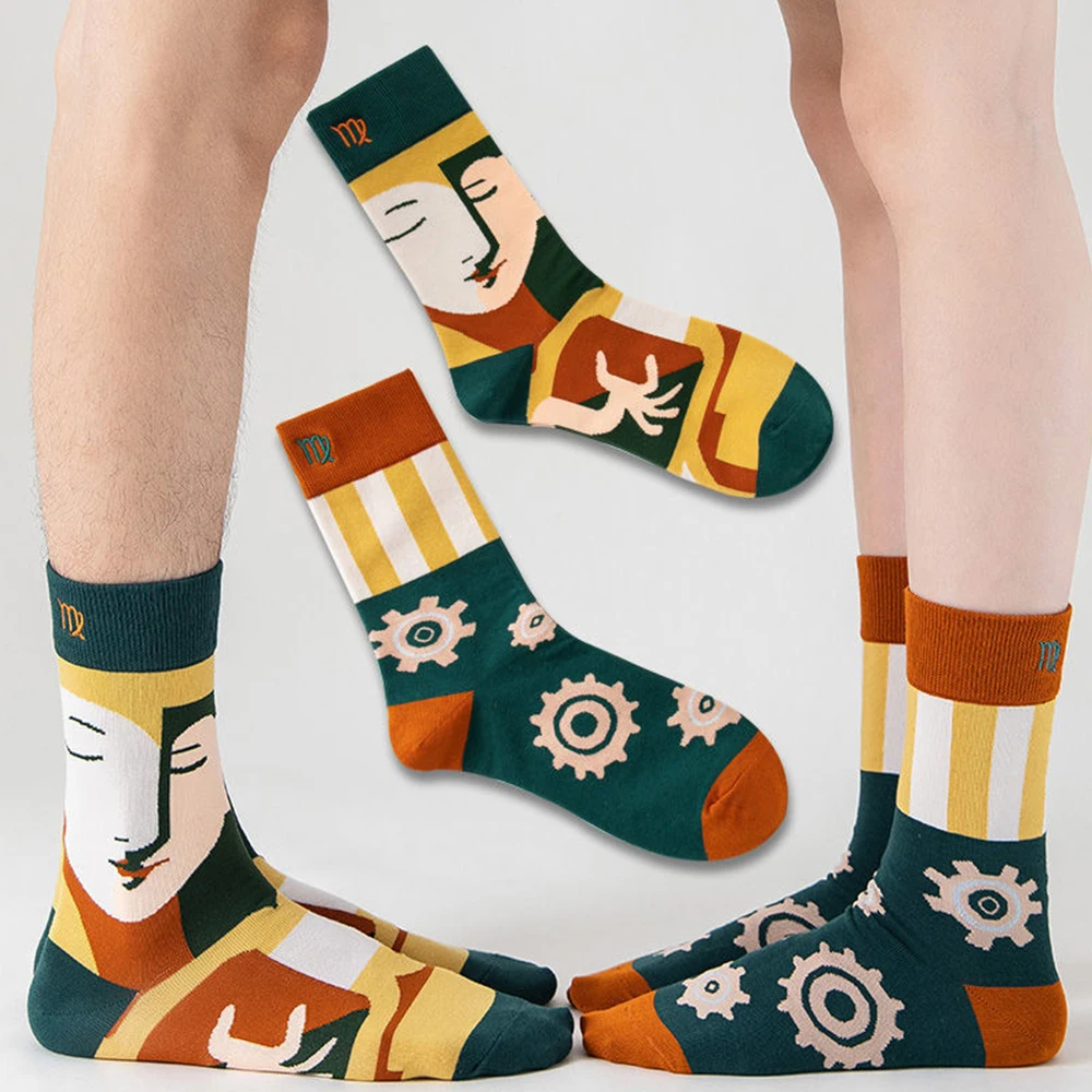 2Pairs Creative Constellation Women Socks Novelty Fashion Pattern Color Men Socks Comfortable Breathable New Lovers Cotton Sock