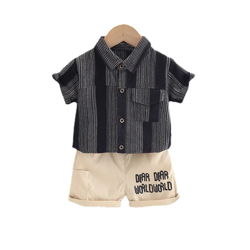 

Новинка, летняя детская одежда, костюм, повседневная хлопковая рубашка в полоску для мальчиков, шорты, 2 шт./компл., костюм для малышей, детские спортивные костюмы