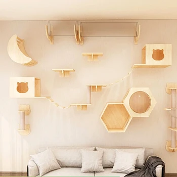Cat Climbing Frame Wall-Type Solid Wood Wall Wall-Mounted Toy Large Soft Ladder Jumping Platform Cat Scraper Tree Accessories 1