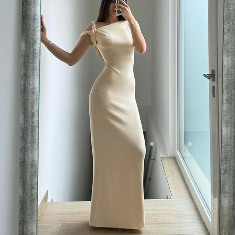 Vestidos sexis de verano para mujer, de color liso, irregulares, con cuello oblicuo, manga corta, ajustados, largos, para fiesta de noche Y2K.