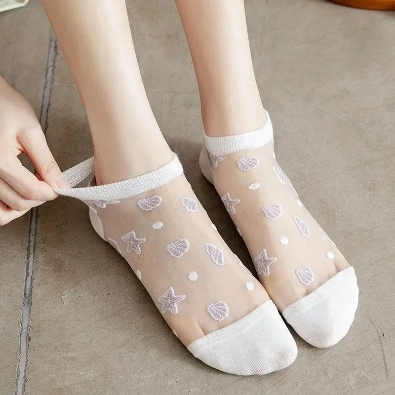 2024 New 6 Pairs of Ppring and Summer Comfortable and Lovely Transparent Sea Glass Silk Crystal Socks