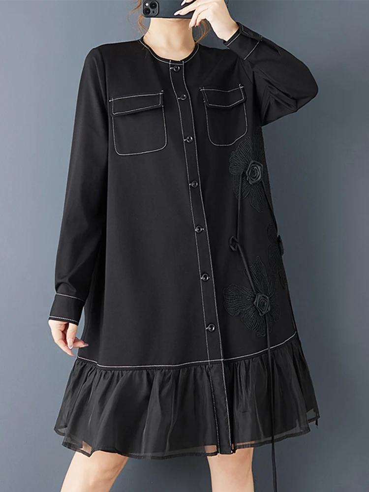 Long Sleeve Patchwork Mesh Oversized Shirt Dresses For Women New Loose Casual  Midi Dress Elegant Clothing Spring Autumn 2025