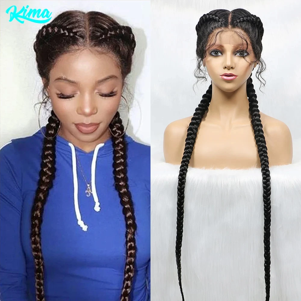 36 Inches Long Lace Front Synthetic Braided Wigs Dutch Twins Braids Wig With Baby Hair for Black Women