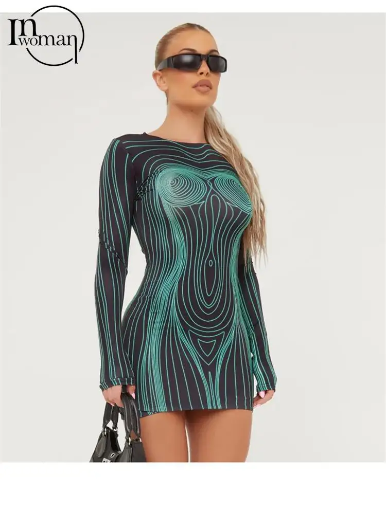 

Inwoman Sexy Green Abstract Print Mini Dress Party Club Outfits For Women 2023 Black Asymmetric Short Dress Long Sleeve Dresses