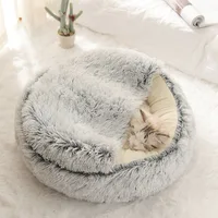 Lit chaud en peluche pour animal de compagnie, long, fermé, rond, coussin, sac de couchage confortable, accent de chat, chenil pour petit animal de compagnie 4