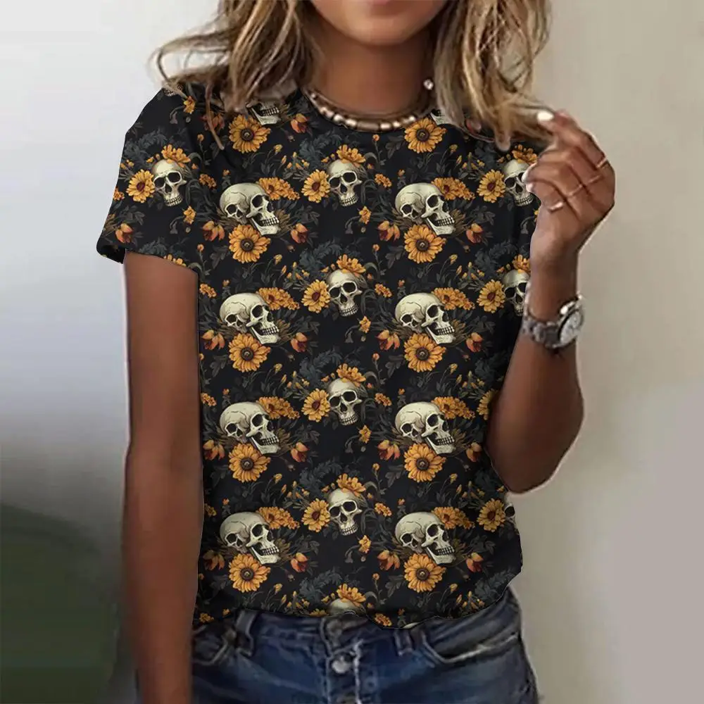 

Women's T-Shirts Flower Print Fashion Top Casual Short Pullover Sleeved Oversize Round-Neck Tee Shirt New Clothing 2024 Summer