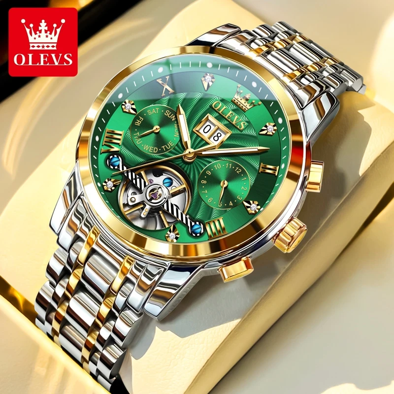 ตัวเลือกสินค้า OLEVS 9910 Mens นาฬิกาแบรนด์หรูกันน้ําส่องสว่างอัตโนมัตินาฬิกา Dual ปฏิทินนาฬิกากล่อง Reloj