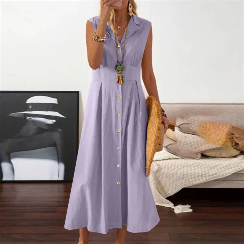 Beach Dress Women Solid Color Turn Down Collar Single Breasted Sleeveless A Line Long Dresses Vacation Party Dresses