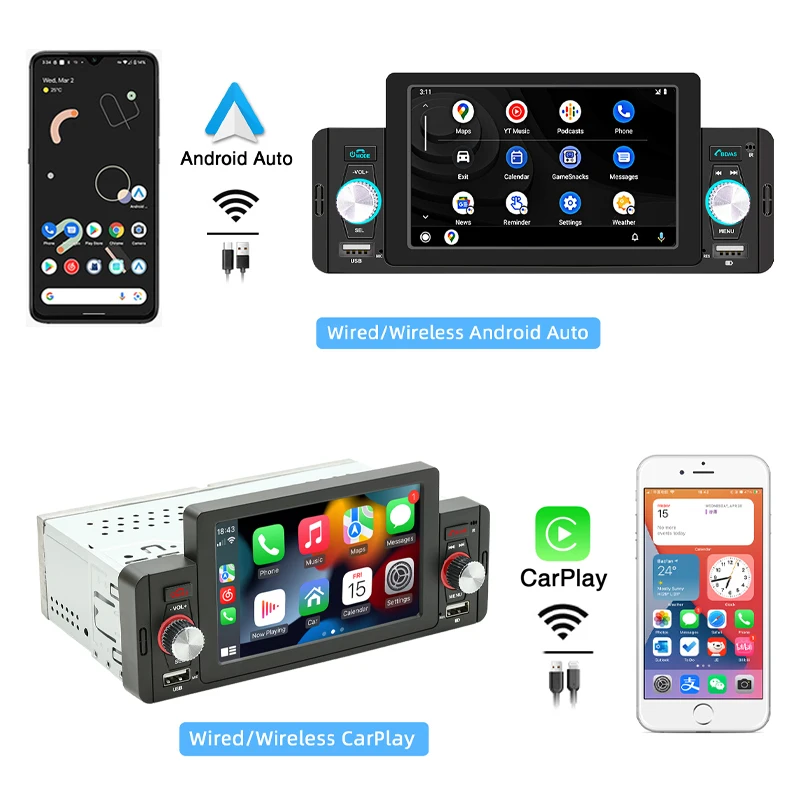 Car Radio, 1 Din CarPlay, Android-Auto, Bluetooth, Multimedia Player,  Handsfree, USB, FM, 5 Inch, Touch Screen, Head Unit, F160C