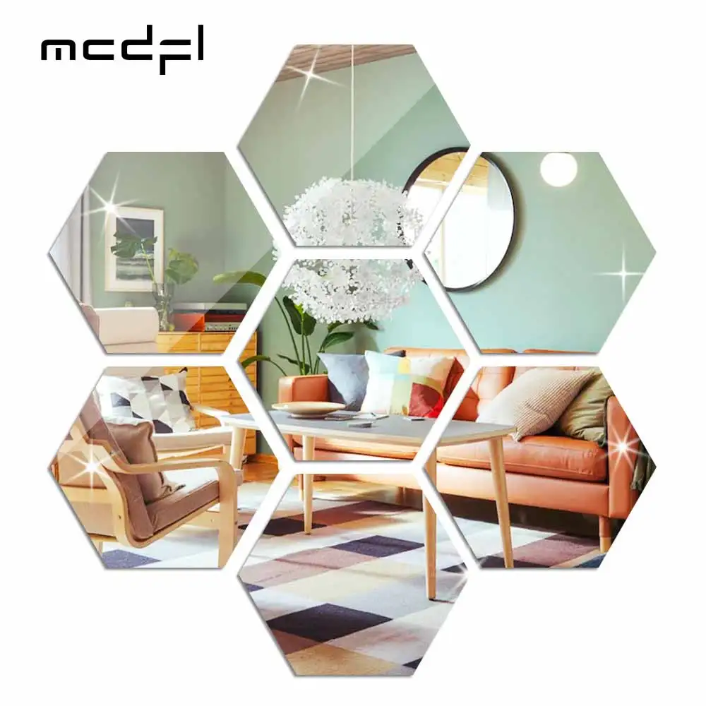 12PCS Hexagon Acrylic Mirror Wall Sticker Tiles Sheet Decorative Geometric  3D Art DIY Removable Self Adhesive Mirror w/4 color 