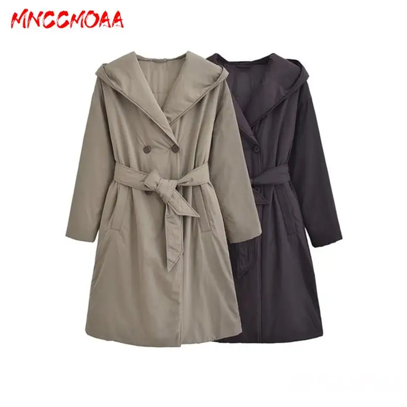 

MNCCMOAA-Женские свободные парки с капюшоном, двубортное пальто, с длинным рукавом, верхняя одежда с поясом, женская мода, зима, 2024 г.
