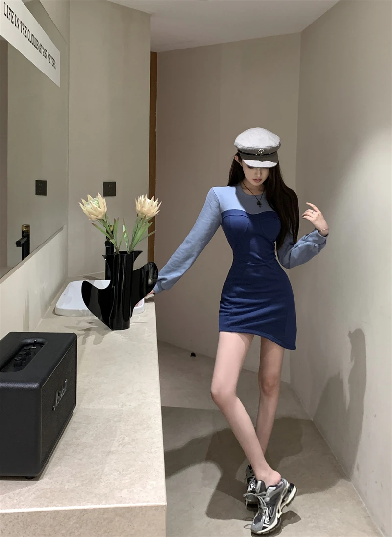 Sexy Patchwork Mini Dresses Women Long Sleeve Bodycon Lace-up Hollow Out Y2K Club Party Dress Korean Fashion Autumn New Vestidos