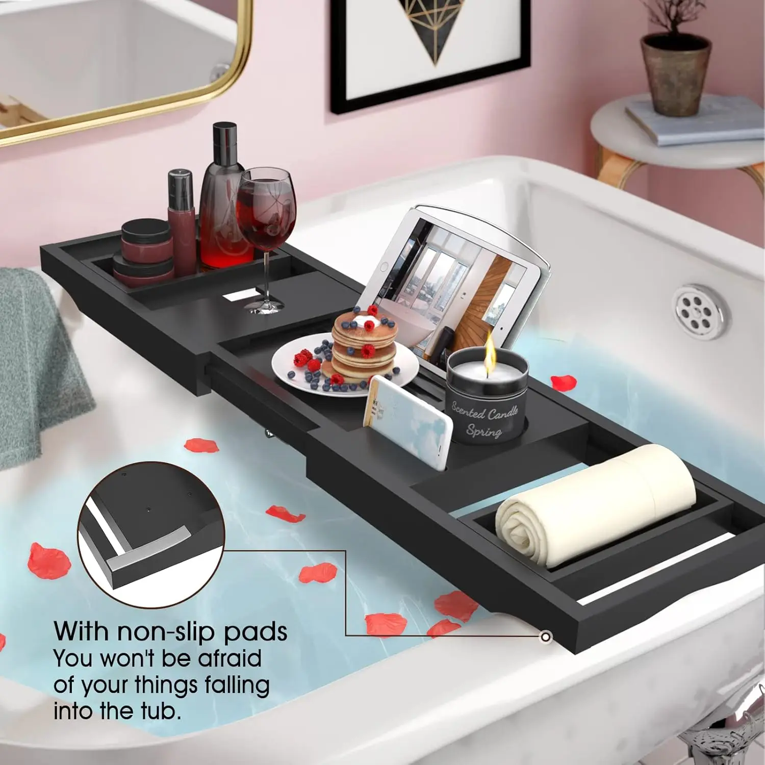 NEW Expandable and Foldable Bath Tray for Tub, Luxury Bamboo Bath Caddy Tub Table, Bathtub Accessories with Book Holder Black