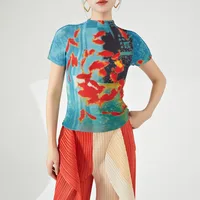 Vintage Fish Print American Folds Tees Summer Camisetas Irregular Slim Waist Tops Turtleneck Y2k Women Tshirts