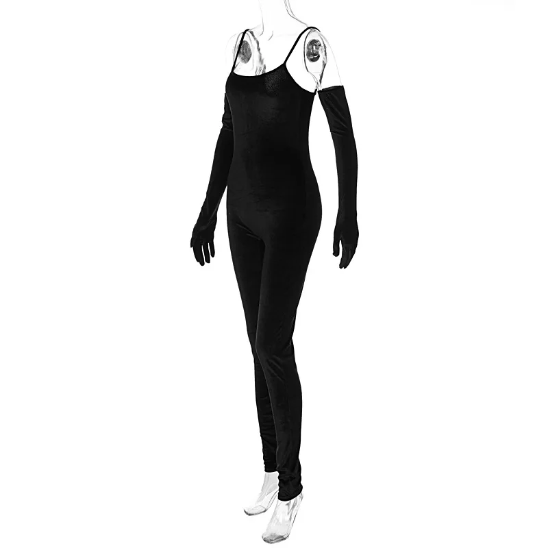 BKLD Women Clothing 2023 Spring New Solid Color Black Jumpsuits With Gloves Spaghetti Strap Jumpsuit Sexy Night Club Outfit
