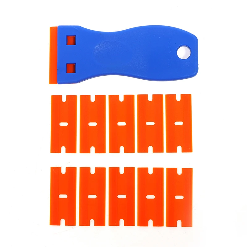 

Plastic Razor Scraper With 10pcs Double Edged Plastic Blades For Removing Car Labels Stickers Glue Decals On Glass Windows