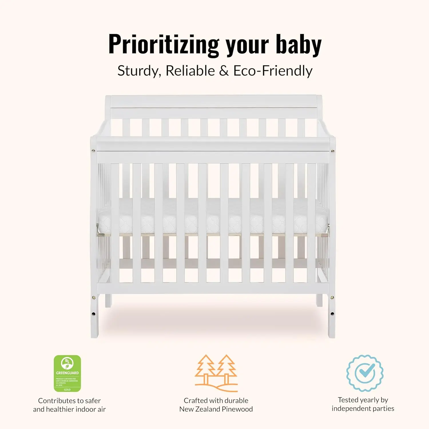 Aden 4-in-1 Convertible Mini Baby Crib in White, GreenGuard Gold & JPMA, Sustainable Pinewood, Non-Toxic Finish, 3 Mattress