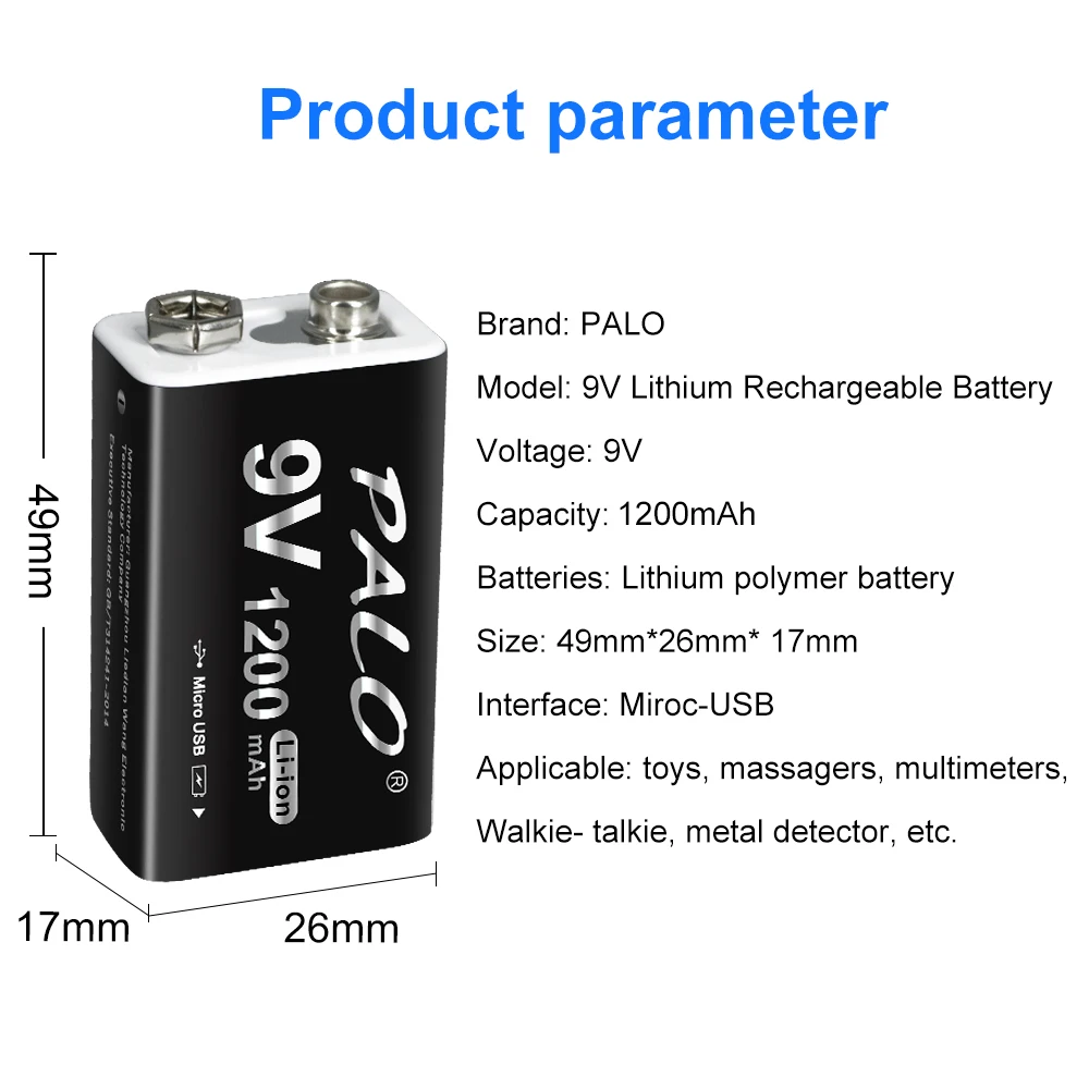 Pile 9V rechargeable par USB, 9 volts, Pile carre, 6LR61, 6F22