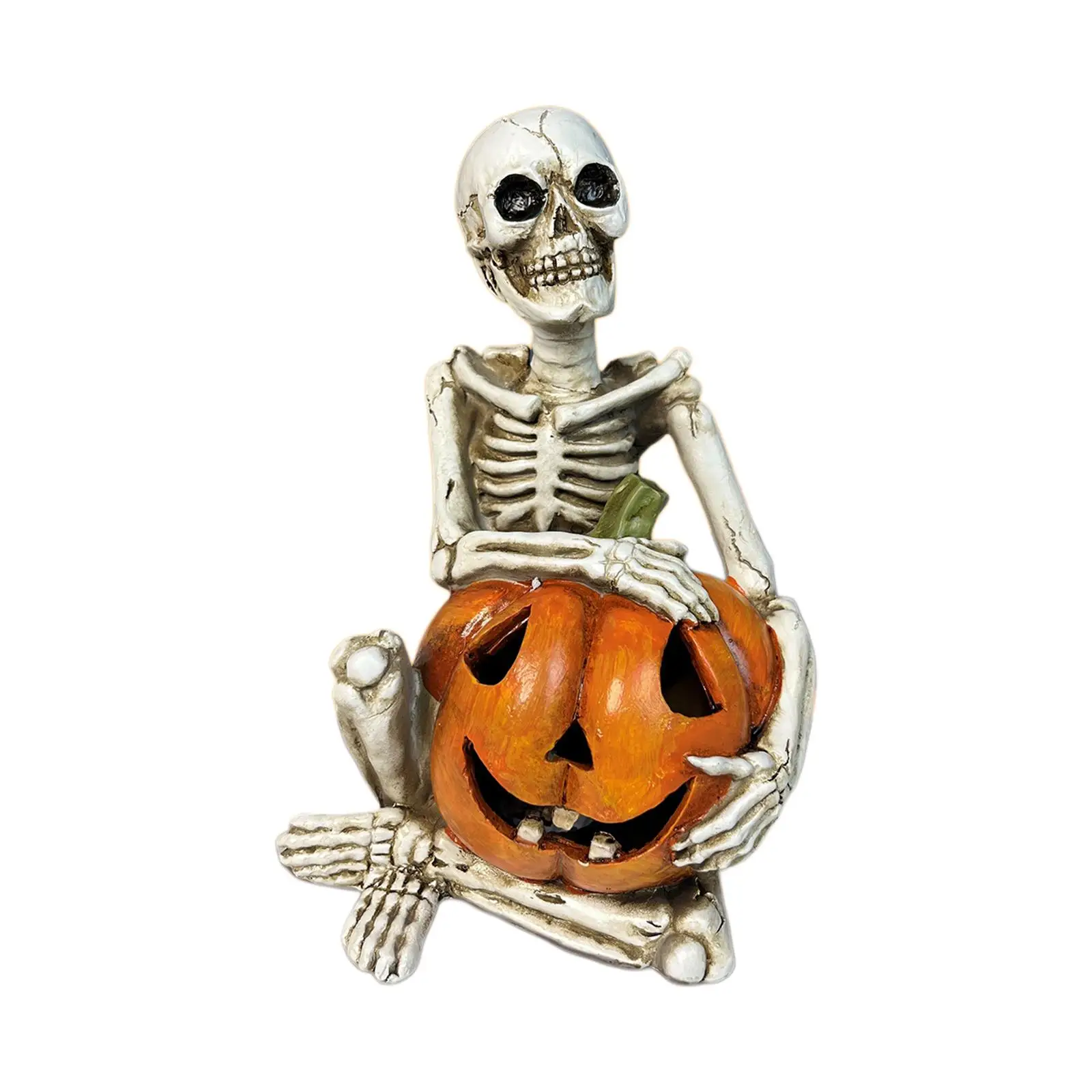 

Skeleton with Pumpkin Figurines Resin Table Ornament Art with Light Props Statue