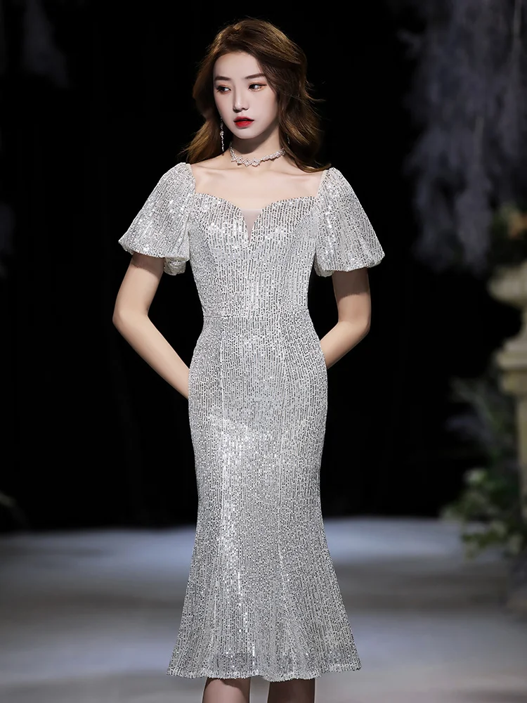 

Sequin Evening Dresses for Women 2023 New High end Dinner Queen Style Slim Fit Style Host Fishtail Dress