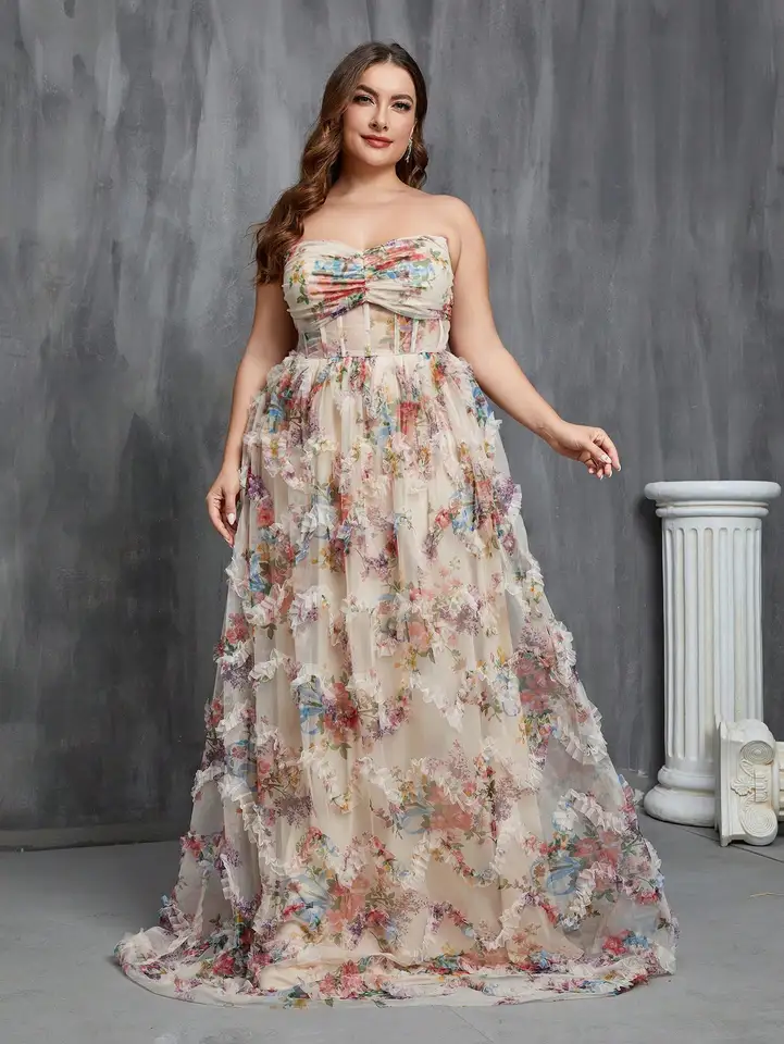 Plus Size Floral Ruched Mesh Evening Gown