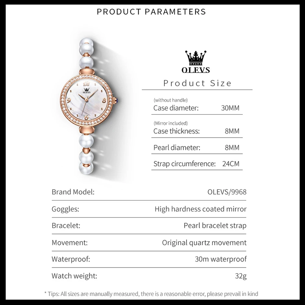 OLEVS Quartz Watch Original Brand Women's Watch Waterproof Pearl Chain Casual Fashion Ladies Wristwatch Reloj Mujer Bracelet Set