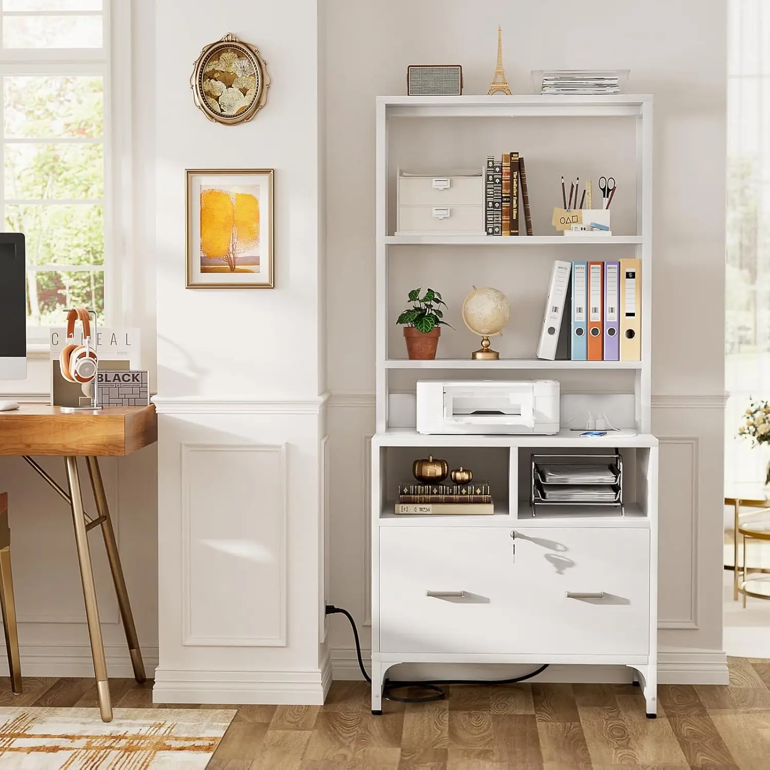 Vertical File Cabinet with Charging Station,Lock & Large Drawer,Printer Stand with Storage Shelves,Office Storage Cabinet ,White