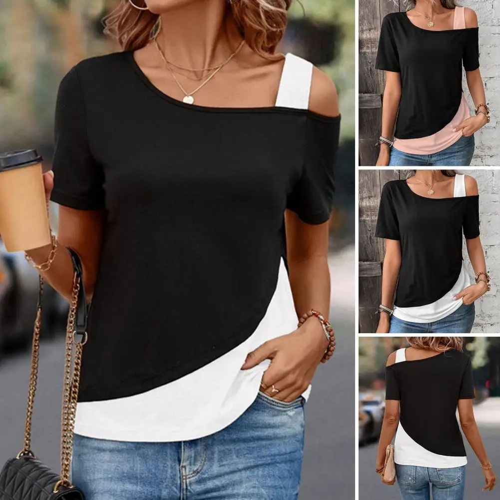 

Stretchy Top Stylish Off-shoulder Summer Tops for Women Skew Collar Short Sleeve Tee with Patchwork Color Loose Fit T-shirt